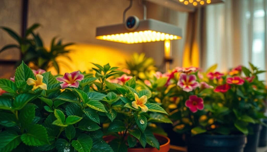 A detailed indoor plant setting, showcasing vibrant flowering plants under grow lights, surrounded by an atmosphere of heat and humidity. In the foreground, various potted flowers exhibit lush, green foliage, droplets of water glistening on their leaves to indicate high humidity. The middle ground features energy-efficient grow lights, glowing warmly, casting a soft golden hue across the scene. The background reveals a cozy indoor environment with textured walls and ambient light filtering through curtains. The overall mood is warm and inviting, illustrating a supportive environment for plant growth. Include subtle indicators of heat and humidity, such as a small hygrometer showing optimal conditions. The lighting should highlight the plants' vibrancy, emphasizing the importance of proper care for indoor flowers.
