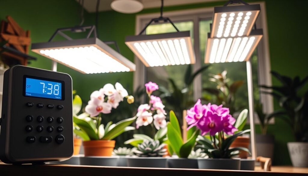A modern, high-tech indoor gardening setup featuring an automated timer system controlling multiple grow lights aimed at flourishing indoor flowers. In the foreground, a sleek timer device with a digital display is illuminated, revealing its settings. The middle layer showcases vibrant, healthy flowers like orchids and succulents basking under bright, full-spectrum LED grow lights, which are mounted on adjustable stands providing optimal light angles. The background presents a cozy indoor environment with green walls and a large window allowing natural light to filter in softly, creating a warm, inviting atmosphere. The overall mood is harmonious and encouraging, emphasizing the ease of maintaining consistent blooming through automation. Soft, diffused lighting enhances the scene, giving a sense of tranquility and growth.