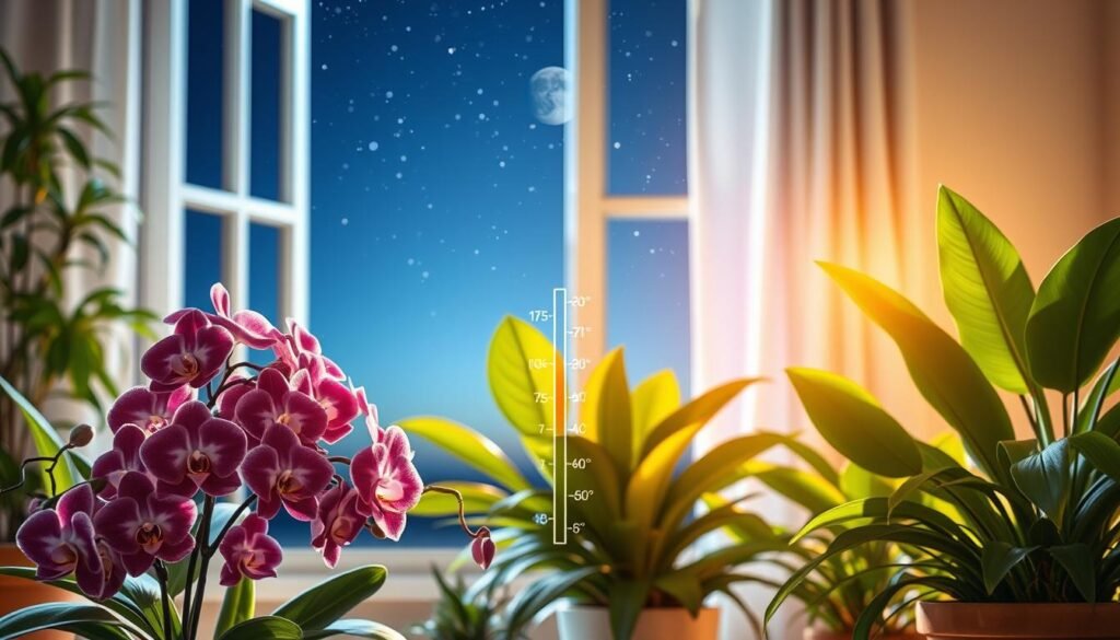 A beautifully arranged indoor scene showcasing flowering houseplants, with a clear visual contrast between day and night temperature ranges. In the foreground, vibrant flowers like orchids and pothos are positioned next to a thermometer displaying a comfortable day temperature of 75°F (24°C) and a night temperature of 60°F (16°C). The middle section includes a soft, diffused light illuminating the plants, suggesting a sunny daytime setting with gentle shadows. In the background, a window reveals a serene night sky with stars twinkling, and a subtle moon glow casts cool blue tones across the room. The overall mood is calming and nurturing, conveying a sense of optimal growth conditions for houseplants. The composition should be framed in a slightly angled view to emphasize depth and detail.