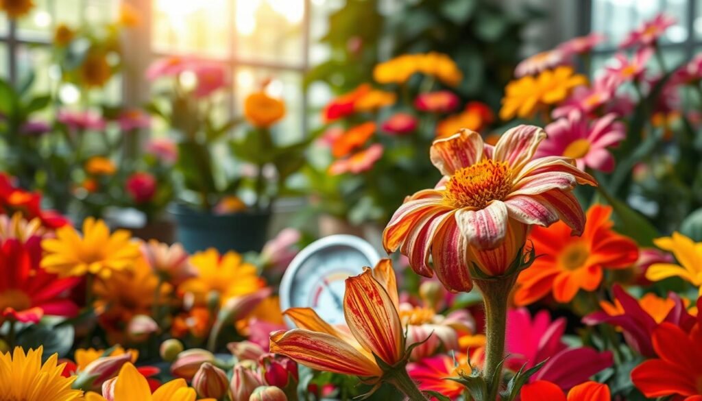 A close-up of a vibrant flower exhibit showing clear signs of temperature damage, featuring wilting petals with browning edges and fallen buds scattered around. The foreground captures a single flower struggling to stay upright, framed by healthy blooms in various bright colors, illustrating the contrast. In the middle ground, a temperature gauge displays a fluctuating reading, emphasizing the effect of temperature extremes. The background features a softly blurred indoor garden, with natural light cascading through a window, creating a warm yet uneasy atmosphere. Use a shallow depth of field to draw focus on the damaged flower while maintaining clarity on the healthy blooms. The overall mood should evoke concern for plant health, highlighting the impact of environmental stressors.