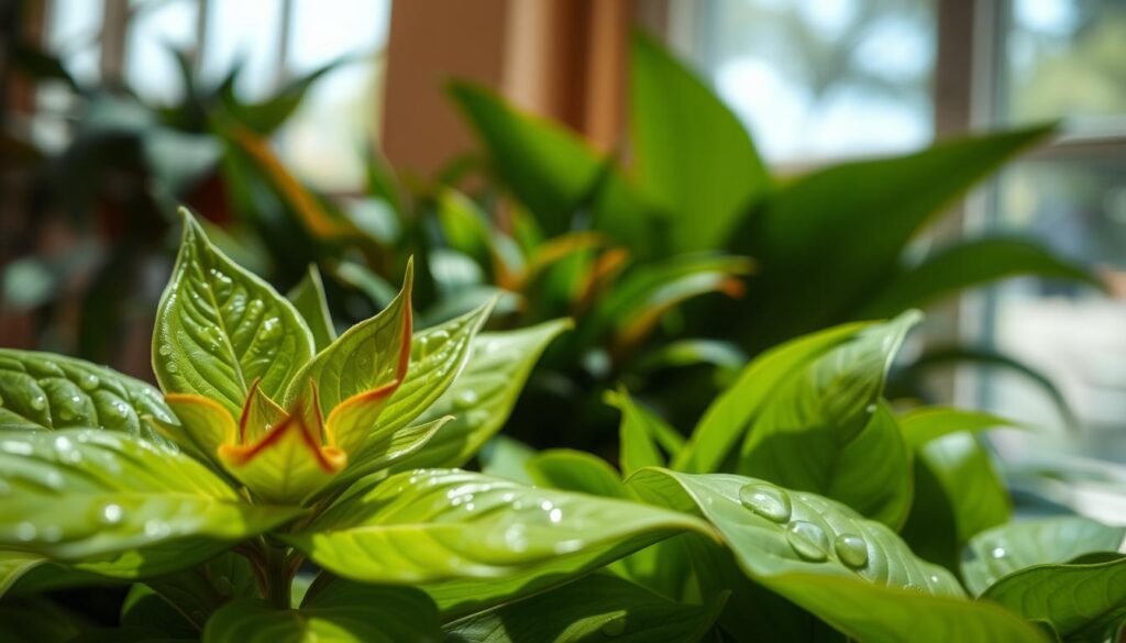 A close-up of lush, vibrant plant leaves in various stages of health, showcasing signs of inadequate humidity, such as curling tips and browning edges. In the foreground, focus on a few clustered leaves exhibiting distinct moisture-related stress. The middle layer features a mix of healthy foliage, contrasting their deep green color with the affected leaves, accompanied by some water droplets on the surface for added detail. In the background, include a softly blurred indoor environment with bright natural light filtering through a window, providing a warm, inviting atmosphere. The overall mood should evoke a sense of nurturing and awareness, highlighting the delicate balance between plant care and humidity levels. Use a shallow depth of field to draw attention to the plants, creating an intimate and detailed composition.