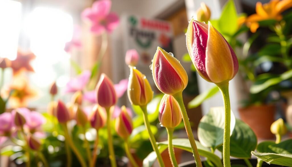 A close-up of vibrant indoor flower buds, showcasing their intricate details as they begin to unfurl in response to optimal temperatures. In the foreground, a variety of colorful blooms such as orchids, geraniums, and hibiscus can be seen with dewdrops glistening on their petals. The middle ground features potted plants with lush green leaves, emphasizing healthy growth around the buds. The background is softly blurred, depicting a sunlit room with warm, filtered light streaming through a window, creating a inviting, serene atmosphere. The scene is shot from a low angle to capture the perspective of the emerging buds, highlighting their significance in the indoor gardening context. The overall mood is optimistic and lively, reflecting the joy of plant growth and blooming indoors.
