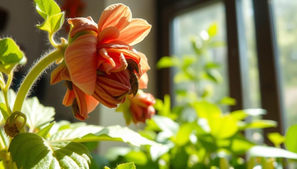 A close-up view of a distressed indoor flowering plant showing signs of infestation. In the foreground, highlight a wilted flower with visible pests, like small aphids or spider mites, clustered along its leaves. The middle-ground features additional infested leaves, some exhibiting yellowing and curling. In the background, softly blurred green foliage of healthy plants contrasts with the infested specimen, emphasizing the importance of vigilance. Natural sunlight filters through a nearby window, casting gentle shadows and creating a bright, yet concerning atmosphere. Use a macro lens perspective to capture the intricate details of the pests while maintaining a clear focus on the health of the surrounding plants, portraying a sense of urgency and care in plant management. A close-up view of a distressed indoor flowering plant showing signs of infestation. In the foreground, highlight a wilted flower with visible pests, like small aphids or spider mites, clustered along its leaves. The middle-ground features additional infested leaves, some exhibiting yellowing and curling. In the background, softly blurred green foliage of healthy plants contrasts with the infested specimen, emphasizing the importance of vigilance. Natural sunlight filters through a nearby window, casting gentle shadows and creating a bright, yet concerning atmosphere. Use a macro lens perspective to capture the intricate details of the pests while maintaining a clear focus on the health of the surrounding plants, portraying a sense of urgency and care in plant management.