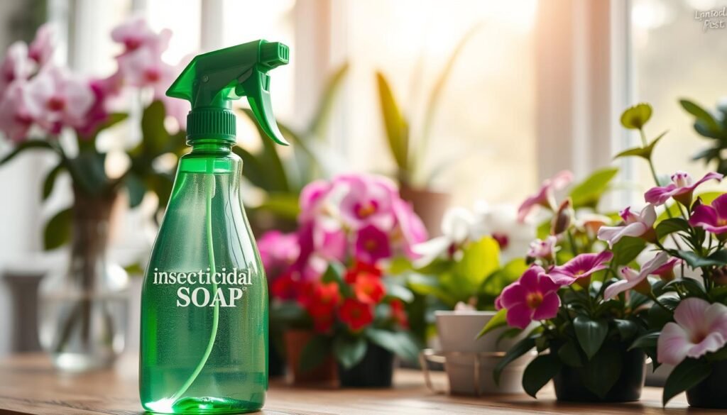 A close-up view of a spray bottle labeled "insecticidal soap" with a sleek, modern design, positioned prominently in the foreground. The bottle is made of translucent green plastic, reflecting light to emphasize its eco-friendly nature. Surrounding the bottle, delicate indoor flowering plants, such as vibrant orchids and lush petunias, display their colorful blooms, illustrating a healthy garden. The middle ground features a blurred wooden table for added depth, while the background is softly lit, showcasing a gentle sunlight filtering through a window, creating a warm, nurturing atmosphere. The overall mood is serene and inviting, emphasizing a harmonious relationship between pest control and plant health. The angle is slightly tilted, adding a dynamic perspective to the composition. A close-up view of a spray bottle labeled "insecticidal soap" with a sleek, modern design, positioned prominently in the foreground. The bottle is made of translucent green plastic, reflecting light to emphasize its eco-friendly nature. Surrounding the bottle, delicate indoor flowering plants, such as vibrant orchids and lush petunias, display their colorful blooms, illustrating a healthy garden. The middle ground features a blurred wooden table for added depth, while the background is softly lit, showcasing a gentle sunlight filtering through a window, creating a warm, nurturing atmosphere. The overall mood is serene and inviting, emphasizing a harmonious relationship between pest control and plant health. The angle is slightly tilted, adding a dynamic perspective to the composition.