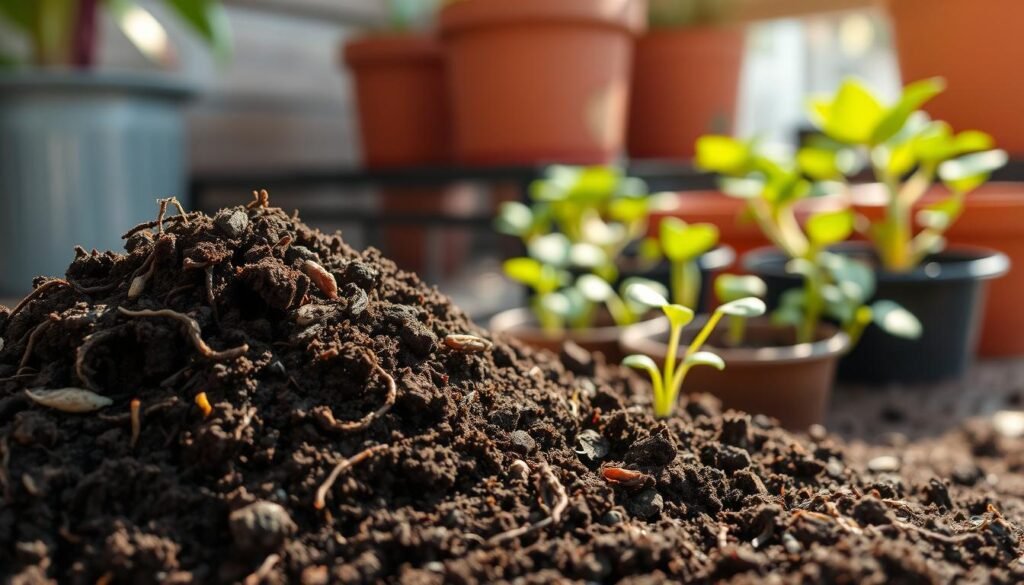 A close-up view of rich, dark top soil, showcasing its texture and organic materials. In the foreground, a handful of soil with visible worm castings and scattered tiny roots, highlighting the health of the substrate. The middle ground features young green plant seedlings just emerging from the soil, representing vitality and growth. In the background, a softly blurred arrangement of flower pots with healthy plants, suggesting a nurturing environment. The lighting is warm and natural, reminiscent of early morning sunlight filtering through the leaves, casting gentle shadows and enhancing the earthy tones. The overall mood is one of tranquility and life, evoking a sense of connection to nature and the benefits of sustainable gardening practices. A close-up view of rich, dark top soil, showcasing its texture and organic materials. In the foreground, a handful of soil with visible worm castings and scattered tiny roots, highlighting the health of the substrate. The middle ground features young green plant seedlings just emerging from the soil, representing vitality and growth. In the background, a softly blurred arrangement of flower pots with healthy plants, suggesting a nurturing environment. The lighting is warm and natural, reminiscent of early morning sunlight filtering through the leaves, casting gentle shadows and enhancing the earthy tones. The overall mood is one of tranquility and life, evoking a sense of connection to nature and the benefits of sustainable gardening practices.