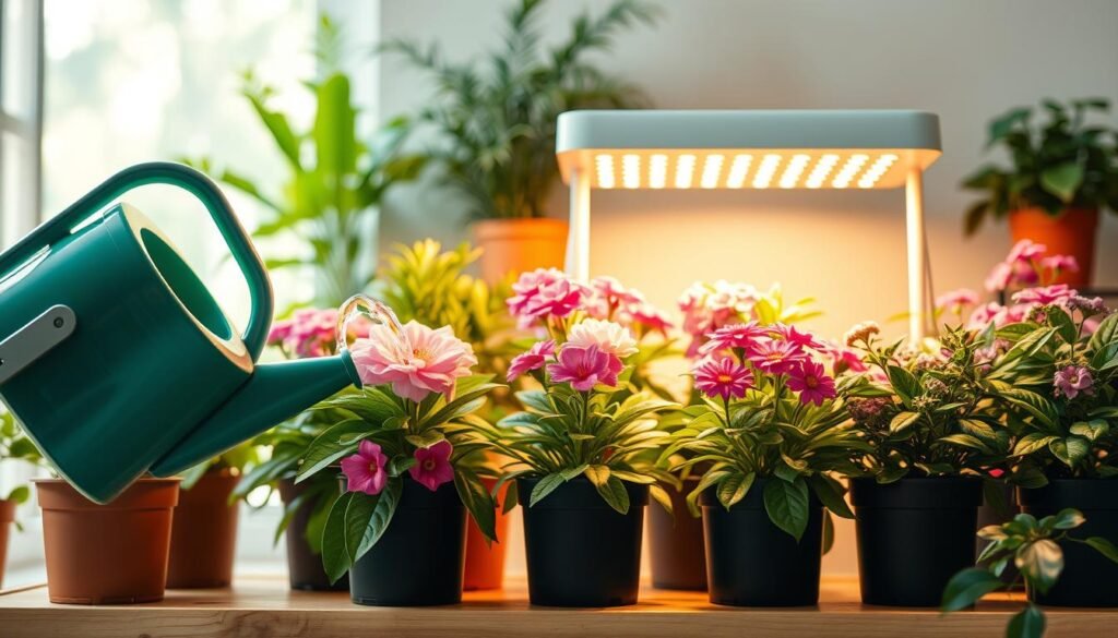 A cozy indoor scene featuring a vibrant collection of flowering plants, meticulously arranged on a bright wooden shelf. In the foreground, a detailed close-up of a watering can gently pouring water onto the lush leaves of a blooming plant. The middle section showcases a modern LED plant care light, casting a soft, warm glow over the entire display, encouraging vibrant growth. In the background, soft-focus greenery enhances the scene, creating a natural atmosphere. The lighting is gentle and inviting, evoking a sense of nurturing and tranquility. The depth of field draws attention to the watering action, emphasizing care and attentiveness in plant maintenance. A serene, harmonious mood fills the space, highlighting the thriving plants and the essential tools for their wellness. A cozy indoor scene featuring a vibrant collection of flowering plants, meticulously arranged on a bright wooden shelf. In the foreground, a detailed close-up of a watering can gently pouring water onto the lush leaves of a blooming plant. The middle section showcases a modern LED plant care light, casting a soft, warm glow over the entire display, encouraging vibrant growth. In the background, soft-focus greenery enhances the scene, creating a natural atmosphere. The lighting is gentle and inviting, evoking a sense of nurturing and tranquility. The depth of field draws attention to the watering action, emphasizing care and attentiveness in plant maintenance. A serene, harmonious mood fills the space, highlighting the thriving plants and the essential tools for their wellness.