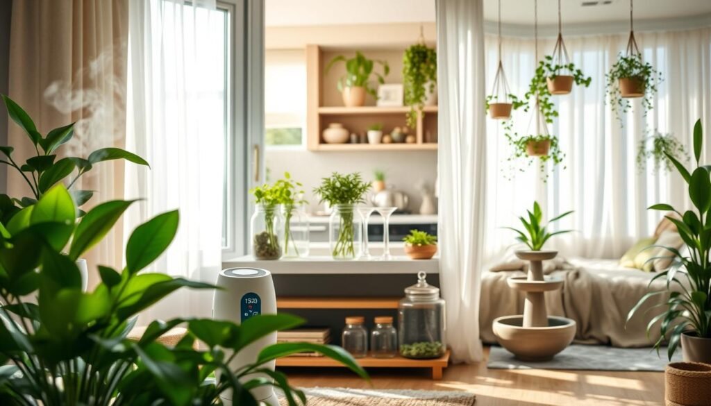 A cozy indoor scene showcasing various rooms each demonstrating optimal humidity levels for indoor flowers. In the foreground, a beautifully arranged living room with lush green plants, a small humidifier exuding a gentle mist, and a hygrometer displaying ideal moisture levels. The middle layer features a kitchen with potted herbs on the windowsill, surrounded by glass jars filled with water to increase humidity. In the background, a softly lit bedroom with a small indoor fountain and hanging plants, creating a serene atmosphere. Natural daylight filters through sheer curtains, casting soft shadows. The overall mood is inviting and tranquil, emphasizing a nurturing environment for indoor plants during winter months.