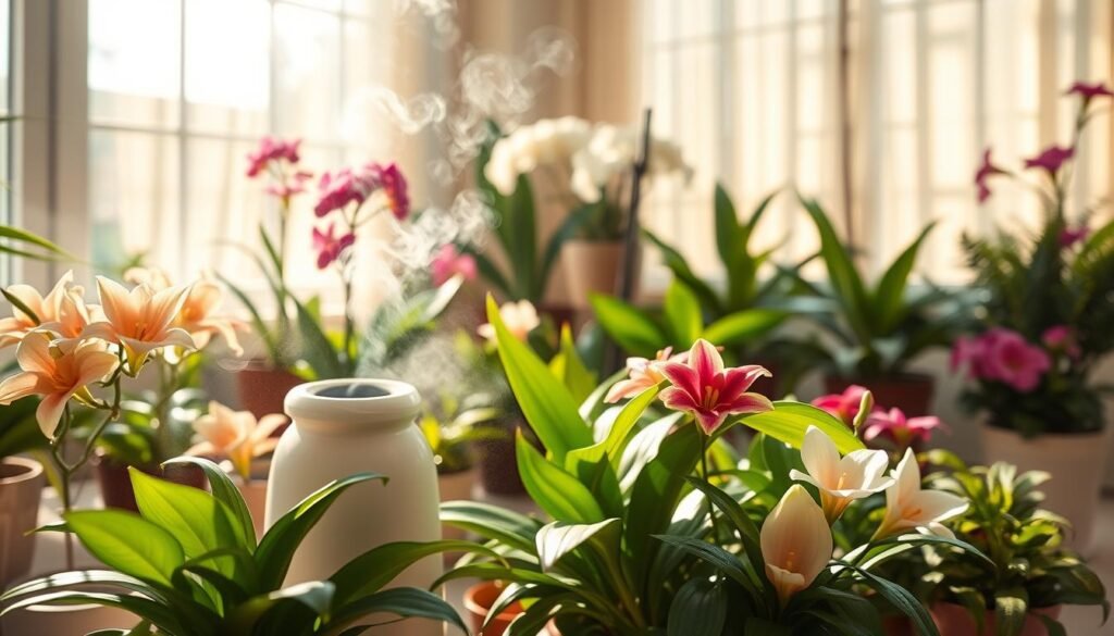 A cozy indoor setting showcasing a bright, sunlit room filled with lush, vibrant indoor flowers. In the foreground, delicate tendrils of mist rise gently around the flowers, illustrating increased humidity, with dew drops glistening on their leaves. The middle ground features a small humidifier, creating a gentle vapor, while various pots of flowering plants, such as orchids, peace lilies, and ferns, thrive in the sunny environment. The background reveals a window with soft, sheer curtains, allowing warm, natural light to fill the room. The atmosphere is serene and inviting, conveying a sense of tranquility and care for plant life. The composition is shot with a soft focus lens, emphasizing the freshness and lushness of the flowers, evoking feelings of nurturing and wellbeing.