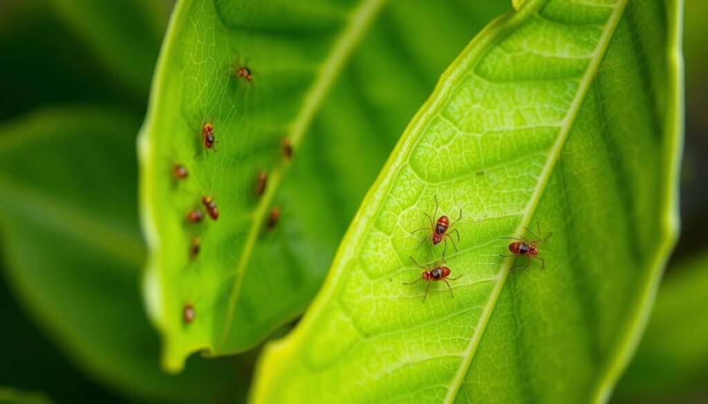 A detailed close-up view of spider mites on the undersides of vibrant green leaves. The image should capture the intricate webbing and the tiny, reddish-brown mites in sharp focus, showcasing their body structure and movement against a soft, blurred background of healthy foliage. Natural soft lighting filters through the leaves, creating a calm and focused atmosphere. The angle should be slightly tilted to emphasize the depth of the leaf veins, with a macro lens effect that highlights the texture of the leaf surface and the mites. The overall mood is educational and informative, suitable for demonstrating pest issues in indoor flowering plants. A detailed close-up view of spider mites on the undersides of vibrant green leaves. The image should capture the intricate webbing and the tiny, reddish-brown mites in sharp focus, showcasing their body structure and movement against a soft, blurred background of healthy foliage. Natural soft lighting filters through the leaves, creating a calm and focused atmosphere. The angle should be slightly tilted to emphasize the depth of the leaf veins, with a macro lens effect that highlights the texture of the leaf surface and the mites. The overall mood is educational and informative, suitable for demonstrating pest issues in indoor flowering plants.