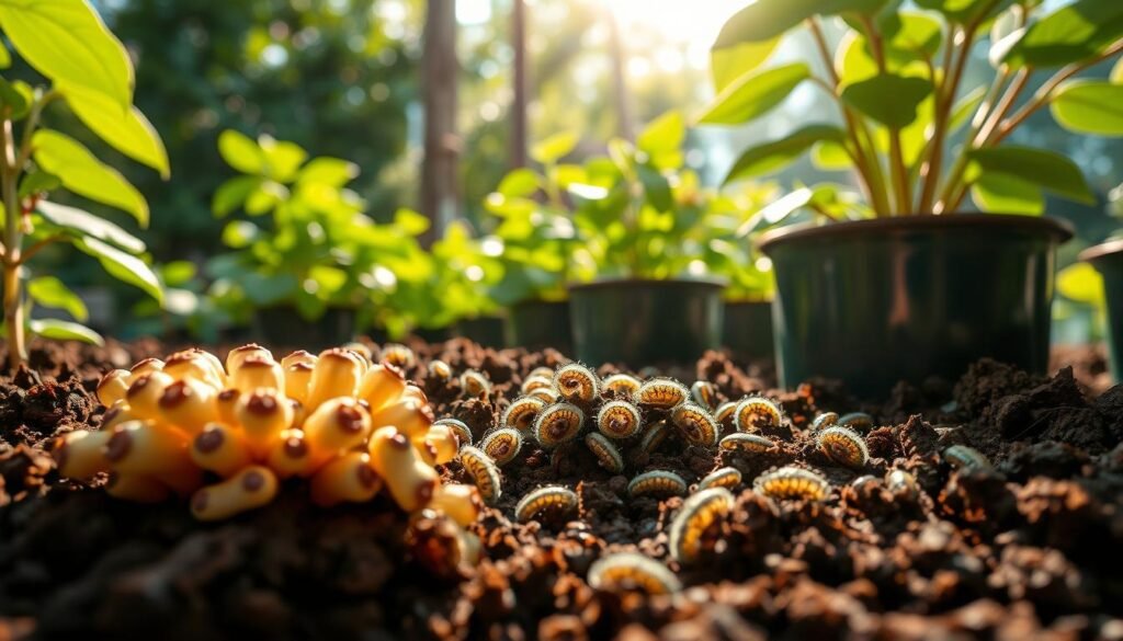 A detailed illustration of BTI bacteria specifically targeting soil larvae, depicted in a vibrant, macro view. In the foreground, focus on clusters of BTI bacteria with intricate details showing their unique shapes and structures. Surrounding them, rich, moist soil teeming with fungus gnat larvae, subtly highlighted to demonstrate their presence. In the middle ground, incorporate potted plants, lush and green, showcasing healthy leaves that contrast with the larvae, emphasizing the protective role of BTI. The background features a soft-focus garden scene with gentle sunlight filtering through leaves, creating a serene and harmonious atmosphere. Use natural lighting to highlight textures and details, capturing an uplifting mood in an eco-friendly context. The angle should be slightly above eye level, providing a comprehensive perspective. A detailed illustration of BTI bacteria specifically targeting soil larvae, depicted in a vibrant, macro view. In the foreground, focus on clusters of BTI bacteria with intricate details showing their unique shapes and structures. Surrounding them, rich, moist soil teeming with fungus gnat larvae, subtly highlighted to demonstrate their presence. In the middle ground, incorporate potted plants, lush and green, showcasing healthy leaves that contrast with the larvae, emphasizing the protective role of BTI. The background features a soft-focus garden scene with gentle sunlight filtering through leaves, creating a serene and harmonious atmosphere. Use natural lighting to highlight textures and details, capturing an uplifting mood in an eco-friendly context. The angle should be slightly above eye level, providing a comprehensive perspective.