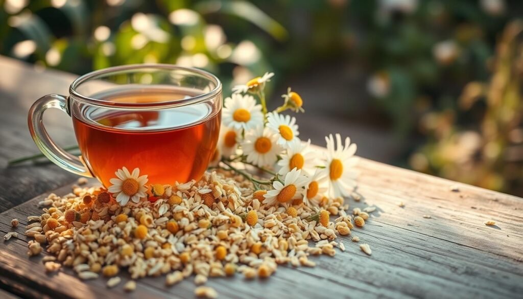 A serene arrangement of natural chamomile tea ingredients, featuring dried chamomile flowers in the foreground, delicately scattered on a rustic wooden surface. A clear glass teacup filled with freshly brewed chamomile tea sits beside a small stack of chamomile flowers, exuding a warm, golden hue. In the middle ground, a few fresh chamomile plants with bright white petals and soft green stems are gently placed. The background reveals a softly blurred outdoor garden scene with natural sunlight filtering through the leaves, creating a warm and inviting atmosphere. The image should evoke a sense of tranquility and natural wellness, captured in soft, diffused lighting from an overhead angle, showcasing the beauty of nature and its calming properties. A serene arrangement of natural chamomile tea ingredients, featuring dried chamomile flowers in the foreground, delicately scattered on a rustic wooden surface. A clear glass teacup filled with freshly brewed chamomile tea sits beside a small stack of chamomile flowers, exuding a warm, golden hue. In the middle ground, a few fresh chamomile plants with bright white petals and soft green stems are gently placed. The background reveals a softly blurred outdoor garden scene with natural sunlight filtering through the leaves, creating a warm and inviting atmosphere. The image should evoke a sense of tranquility and natural wellness, captured in soft, diffused lighting from an overhead angle, showcasing the beauty of nature and its calming properties.