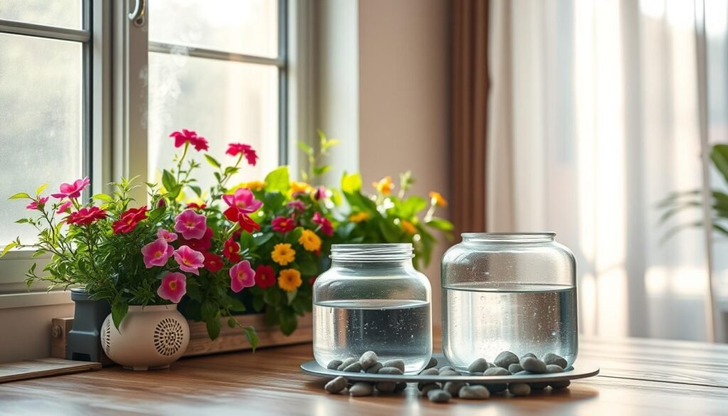 A serene indoor gardening scene focused on humidity-boosting methods for indoor flowers. In the foreground, a lush collection of vibrant flowering plants and green foliage is placed on a wooden windowsill, with a small decorative humidifier emitting a gentle mist above them. In the middle ground, a clear glass jar is filled with water, surrounded by pebbles, showcasing a humidity tray technique. The background features a softly lit room with natural sunlight streaming in through sheer curtains, casting soft shadows across the scene. The overall mood is warm and inviting, capturing the essence of a thriving indoor garden. The image is well-composed, with the emphasis on the plants and humidity-boosting elements, evoking a sense of tranquility and nurturing care for indoor flowers.