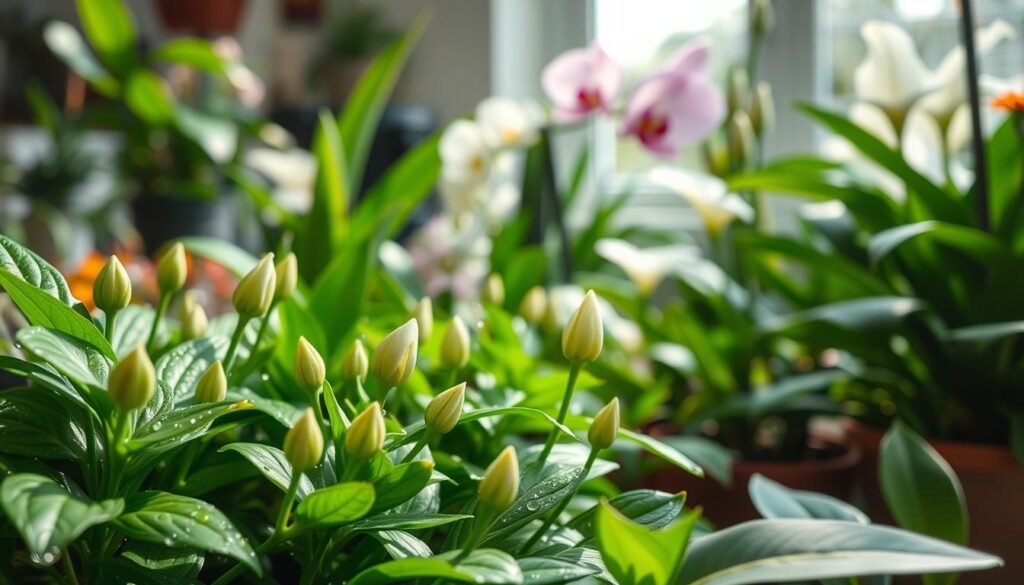 A vibrant indoor garden scene showcasing diverse plants in different stages of growth, emphasizing budding flowers. The foreground features lush green foliage with delicate buds ready to bloom, droplets of water glimmering on the leaves. In the middle, a variety of flowering plants, such as orchids and peace lilies, stretch towards a warm light source, highlighting the significance of temperature on their growth and development. The background consists of soft, blurred light streaming through a window, casting gentle shadows that enhance the mood of a serene indoor environment. The atmosphere conveys a sense of warmth and vitality, reflecting ideal conditions for flowering. The image should be bright and well-lit, using natural lighting to accentuate the colors and details of the plants.
