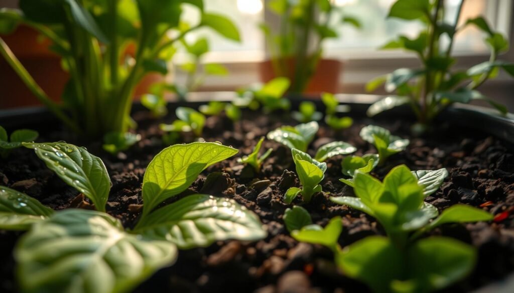 Moist soil filled with vibrant green plants thrives in a flower pot setting. Focus on close-up details of the rich, dark soil, glistening with water droplets that reflect gentle sunlight. In the foreground, plump leaves with drops of dew sit atop the soil, showcasing a healthy root system. The middle ground features a scattering of lush foliage, with deep greens contrasting against the darker earth tones. In the background, soft, diffused natural light filters through a nearby window, creating a warm, inviting atmosphere. This serene and tranquil scene captures the essence of nurturing plant life, hinting at the underlying struggles with pests like fungus gnats. Moist soil filled with vibrant green plants thrives in a flower pot setting. Focus on close-up details of the rich, dark soil, glistening with water droplets that reflect gentle sunlight. In the foreground, plump leaves with drops of dew sit atop the soil, showcasing a healthy root system. The middle ground features a scattering of lush foliage, with deep greens contrasting against the darker earth tones. In the background, soft, diffused natural light filters through a nearby window, creating a warm, inviting atmosphere. This serene and tranquil scene captures the essence of nurturing plant life, hinting at the underlying struggles with pests like fungus gnats.
