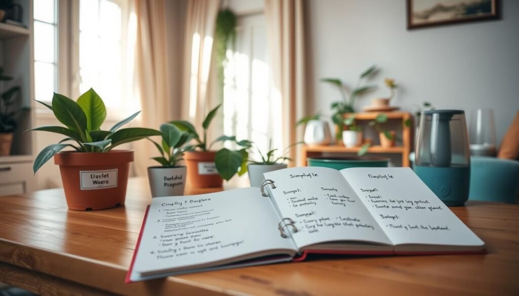 A cozy indoor setting showcasing a step-by-step quarantine process for new houseplants. In the foreground, a wooden table displays several newly acquired potted plants, each labeled with care instructions. An open notebook with a simple 7-day routine is nearby, showing easy-to-follow steps for plant care. The middle ground features a soft, natural light illuminating the scene, with a window in the background allowing sunlight to filter through, creating a warm atmosphere. A small humidifier quietly adds moisture to the air. The overall mood is tranquil and inviting, emphasizing a nurturing environment for the plants. The camera angle captures the scene from a slight overhead perspective, inviting viewers to learn about the quarantine process for their new houseplants.