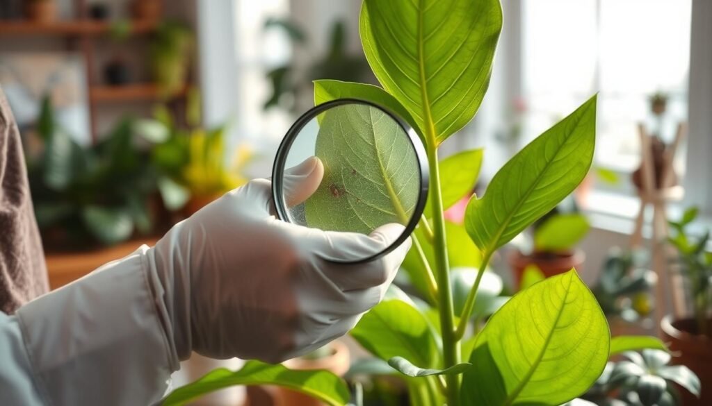 A detailed close-up of a lush green plant being inspected for pests, focusing on the vibrant leaves and healthy stems. A person in professional attire, wearing gloves, examines the underside of a leaf with a magnifying glass, revealing tiny details like veins and potential insects. In the background, a softly blurred table filled with other houseplants and a sunlight-drenched window, creating a warm, inviting atmosphere. The lighting is natural, highlighting the rich colors of the plant and emphasizing the importance of the inspection process. The scene captures a sense of care and commitment to plant health, without any distractions or text.