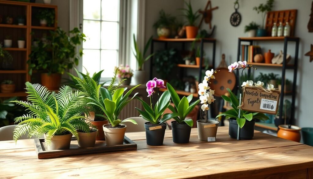 A serene indoor space featuring a well-organized quarantine spot for new plants. In the foreground, a rustic wooden table holds a variety of potted plants, including lush ferns and colorful orchids, each labeled with small, elegant tags. The middle layer showcases a soft, bright window filtering natural sunlight, casting gentle shadows that enhance the greenery’s vibrant hues. In the background, a shelf displays gardening tools and books, arranged neatly to suggest care and attention. A cozy, inviting atmosphere pervades the scene, with a color palette of soft greens and earthy tones. The image is captured with a warm, diffused lighting effect, reflecting a sense of tranquility and nurturing, ideal for promoting plant health during the quarantine process.