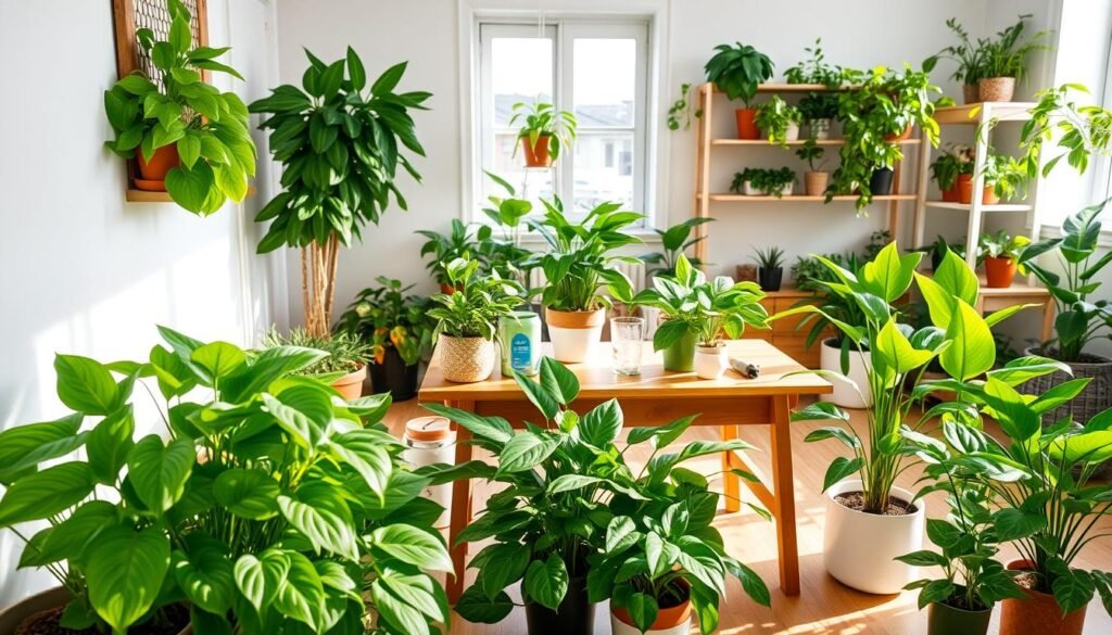 A vibrant indoor environment showcasing new houseplants in a designated quarantine area. In the foreground, a variety of lush, green plants like pothos, peace lilies, and spider plants are displayed in decorative pots, highlighting their fresh leaves and healthy stems. In the middle ground, a wooden table holds plant care essentials like labels, a watering can, and soil, emphasizing the nurturing aspect of quarantine. Soft, diffused sunlight streams through a nearby window, creating warm, inviting shadows on the floor. The background features a cozy room setting with light-colored walls and shelves lined with established houseplants, symbolizing the overall harmony of the houseplant collection. The atmosphere is calm and serene, encouraging a sense of care and protection for plants.